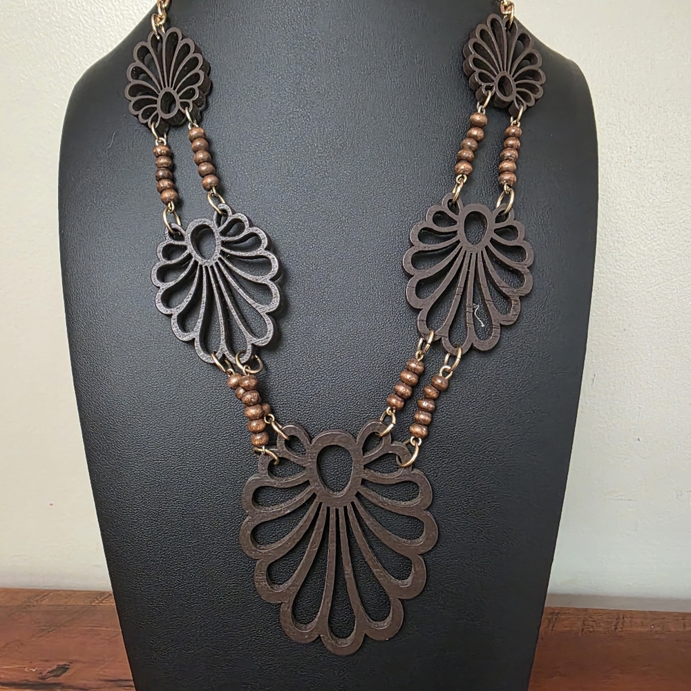 Boho chic lightweight wood cutout necklace, earthy festival statement jewelry